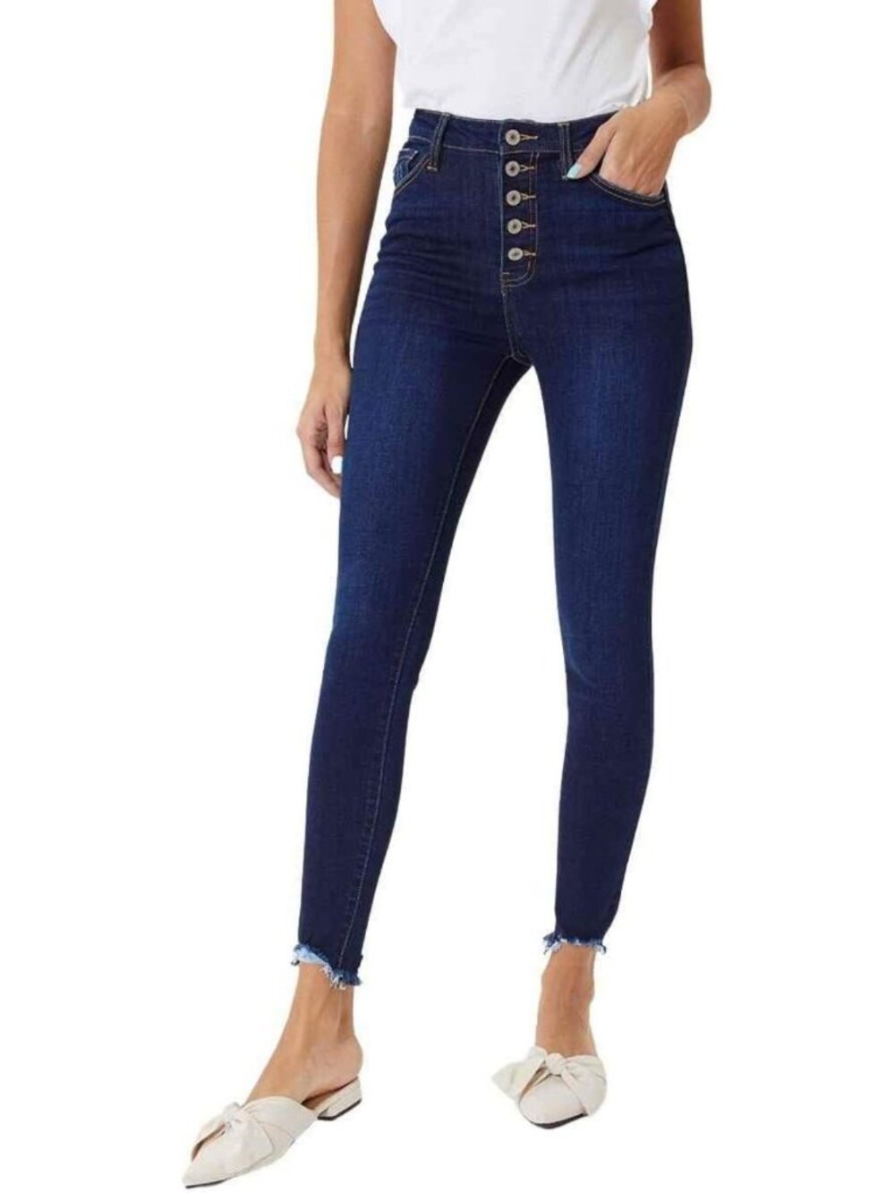 High Rise Distressed Super Skinny Jeans with Button Fly for Women - Trendy